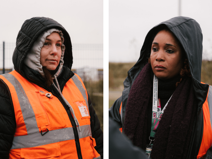 Lisa (à gauche), salariée d'Amazon et Rita Taha (à droite), salariée chargée de la réception des marchandises livrées par camion et représentante SUD