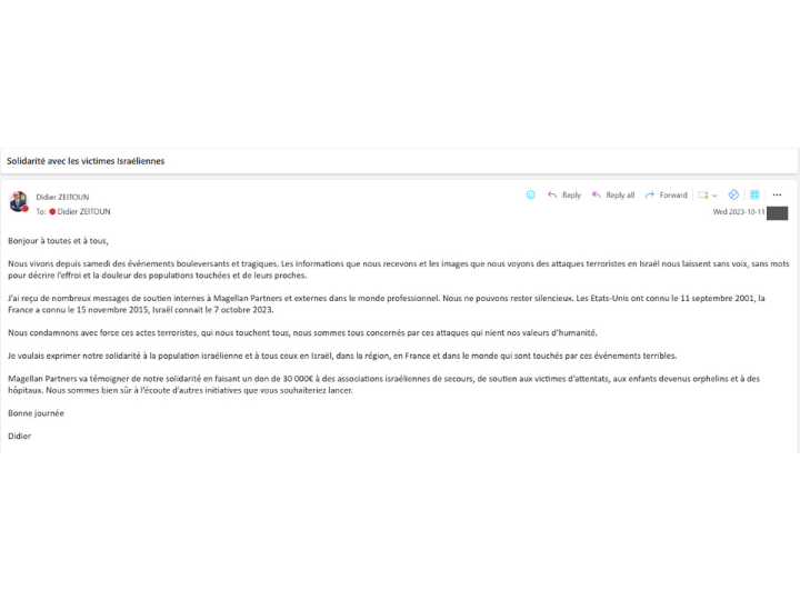 Didier Zeitoun, PDG de Magellan Partners, envoie un mail à ses salariés pour annoncer un don de plusieurs dizaines de milliers d'euros à « des associations israéliennes de secours »
