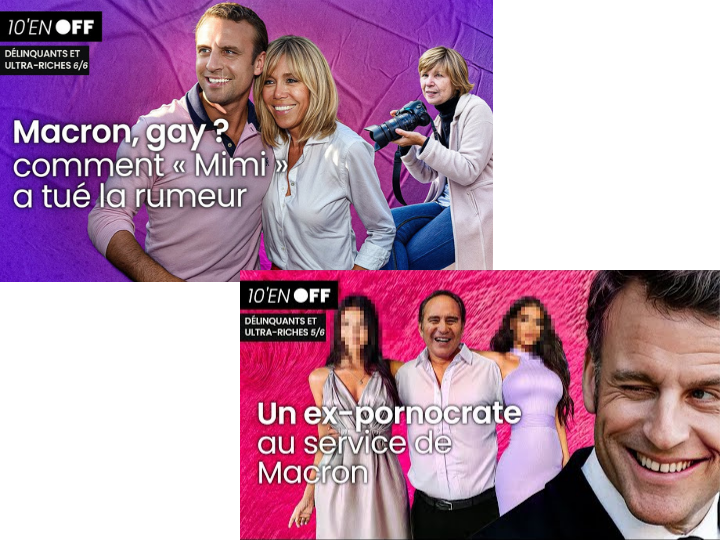 Captures d'écran des vidéos au titre racoleur qui ont été publiées par Off Investigation.