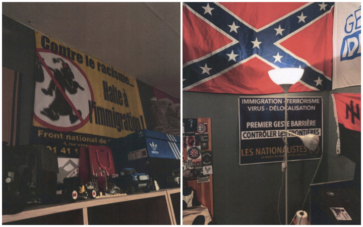 Dans la chambre de Gwendal Cohin-Pourajaud, les murs étaient également recouverts d'un « drapeau de la deuxième division SS Das Reich », selon les enquêteurs, d'un drapeau français orné d’une croix celtique, d'un drapeau de GI et d'un drapeau confédéré