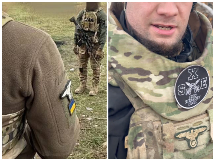 Sur les uniformes de plusieurs combattants, comme César Aujard, se trouvent parfois l'emblème de l'aigle du III Reich. Les volontaires d'extrême droite n'ayant changé que la croix gammée pour le trident de l'Ukraine.