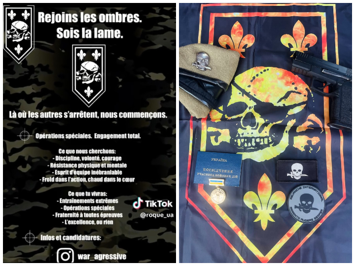 Les néonazis français combattants en Ukraine recrutent activement et ont constitué leur propre unité, « Légion pirates ». Leur logo s'inspire de la Totenkopf, emblème utilisé par des unités SS durant la Seconde Guerre mondiale, accompagnée de trois fleurs de lys