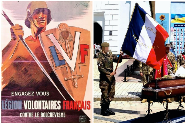 À droite, Alan V. rend hommage dans son treillis de l’armée française à « Kapo », tué le 14 juillet 2025 en Ukraine, avec une reproduction d’un drapeau de la LVF historique. À gauche, l'affiche d'époque de la Légion